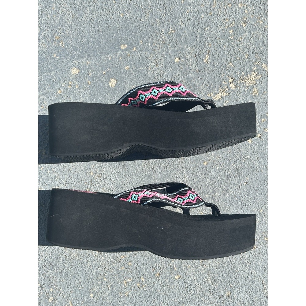 Reef Sandy HI Platform Flip Flops Sz 8 Black‎ Pink Embroidered Beach Sandals - Picture 3 of 5